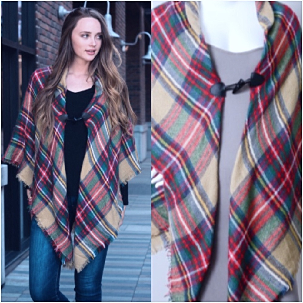 Bohemian Poncho With Closure Plaid Flannel O/S - Picture 2 of 8